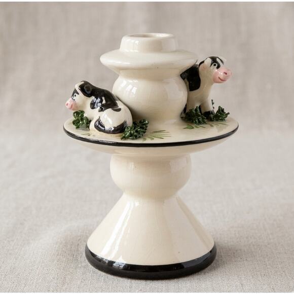 Rare Vintage 1990s L.A. Ceramics Hand-Painted Cow Cottagecore Candle Holder
